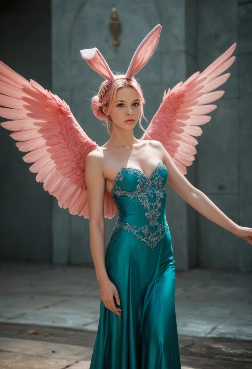 Loreli in a teal dress with pink angel wings and bunny ears, in a foyer
