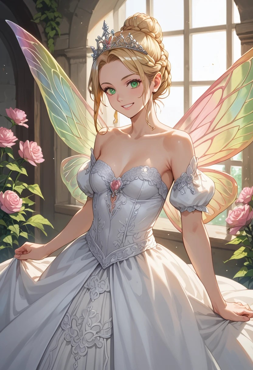 Loreli in a green medieval fairy dress with pink hair, pointing left in a study